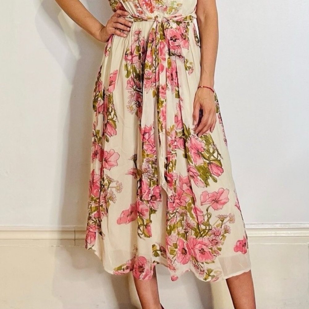 ASOS Cream Floral Midi Dress with Pink & Green Print
